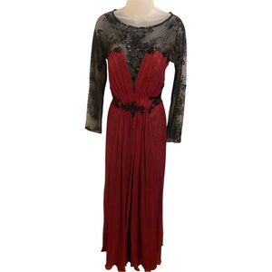 Tadashi Shoji Elegant Red and Black Lace Evening Gown Dress